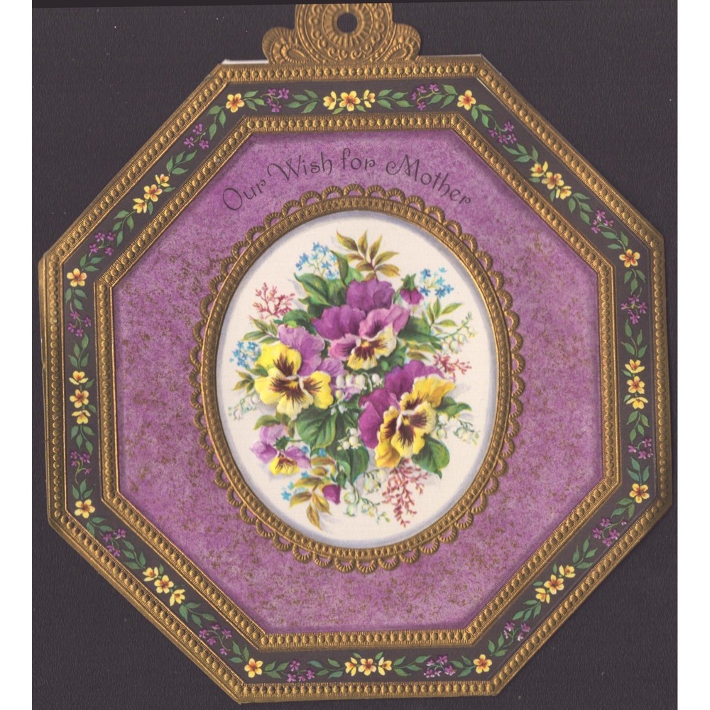 Vintage 1960s Mother's Day Card Octagon Die Cut Gold Pansy Floral Ambassador
